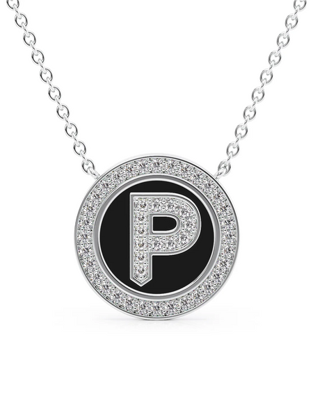 14K White Gold Black P Initial Diamond Disk Pendant