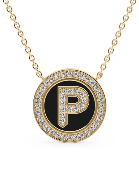 14K Yellow Gold Black P Initial Diamond Disk Pendant