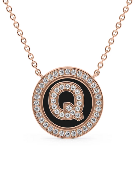 14K Rose Gold Black Q Initial Diamond Disk Pendant