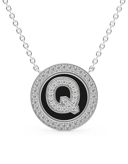 14K White Gold Black Q Initial Diamond Disk Pendant