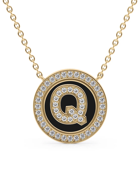 14K Yellow Gold Black Q Initial Diamond Disk Pendant