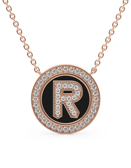 14K Rose Gold Black R Initial Diamond Disk Pendant