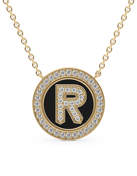 14K Yellow Gold Black R Initial Diamond Disk Pendant
