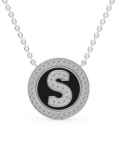14K White Gold Black S Initial Diamond Disk Pendant