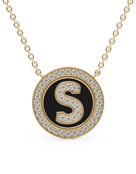 14K Yellow Gold Black S Initial Diamond Disk Pendant
