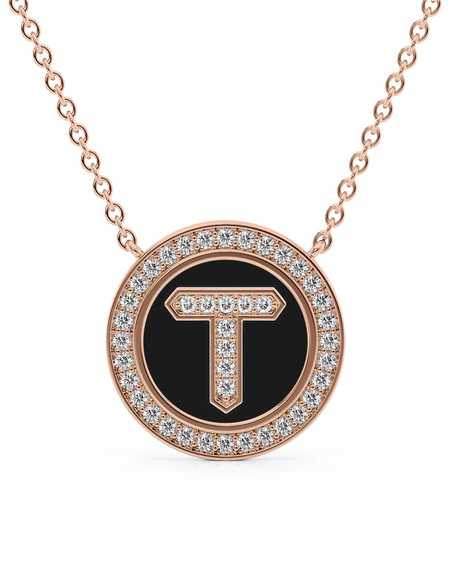 14K Rose Gold Black T Initial Diamond Disk Pendant