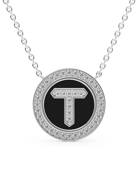 14K White Gold Black T Initial Diamond Disk Pendant