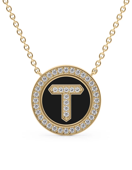 14K Yellow Gold Black T Initial Diamond Disk Pendant