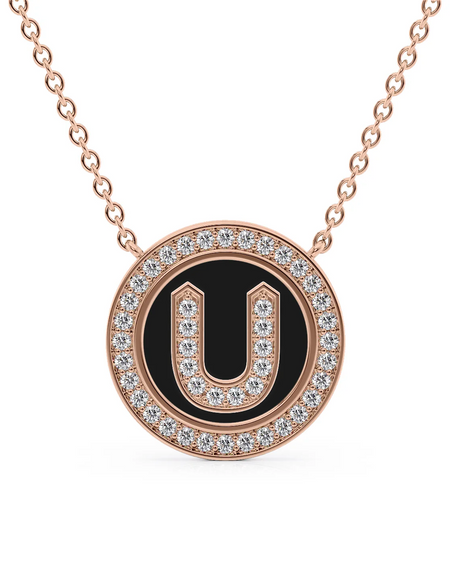 14K Rose Gold Black U Initial Diamond Disk Pendant