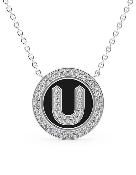 14K White Gold Black U Initial Diamond Disk Pendant