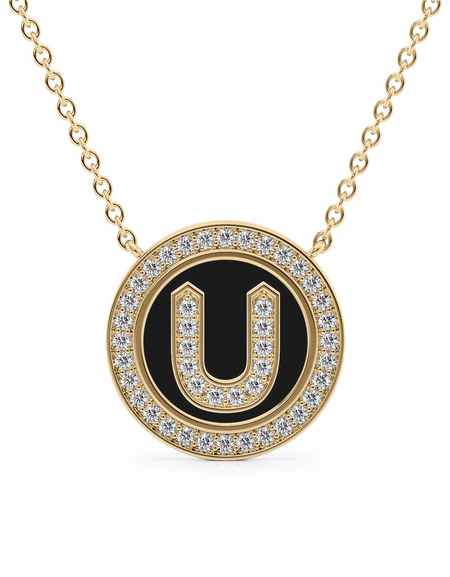 14K Yellow Gold Black U Initial Diamond Disk Pendant