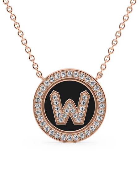 14K Rose Gold Black W Initial Diamond Disk Pendant