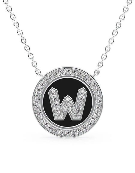 14K White Gold Black W Initial Diamond Disk Pendant