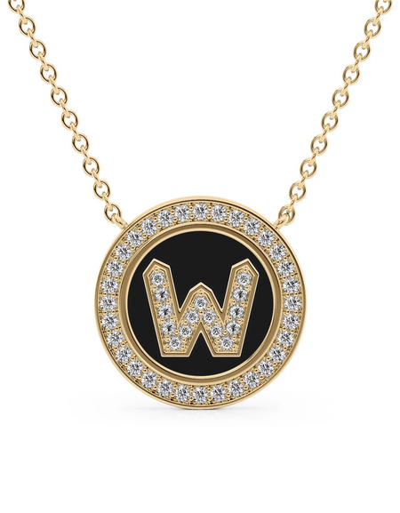 14K Yellow Gold Black W Initial Diamond Disk Pendant