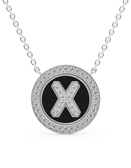 14K White Gold Black X Initial Diamond Disk Pendant