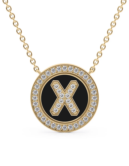 14K Yellow Gold Black X Initial Diamond Disk Pendant