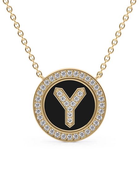 14K Yellow Gold Black Y Initial Diamond Disk Pendant
