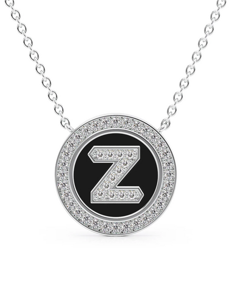 14K White Gold Black Z Initial Diamond Disk Pendant