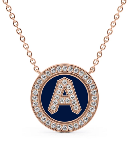 14K Rose Gold Blue A Initial Diamond Disk Pendant