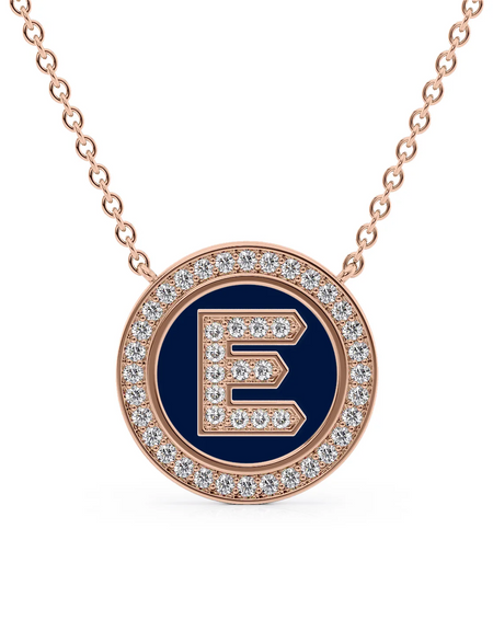 14K Rose Gold Blue E Initial Diamond Disk Pendant