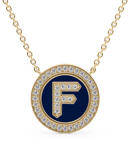 14K Yellow Gold Blue F Initial Diamond Disk Pendant