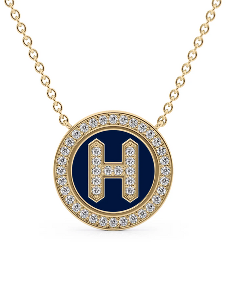 14K Yellow Gold Blue H Initial Diamond Disk Pendant