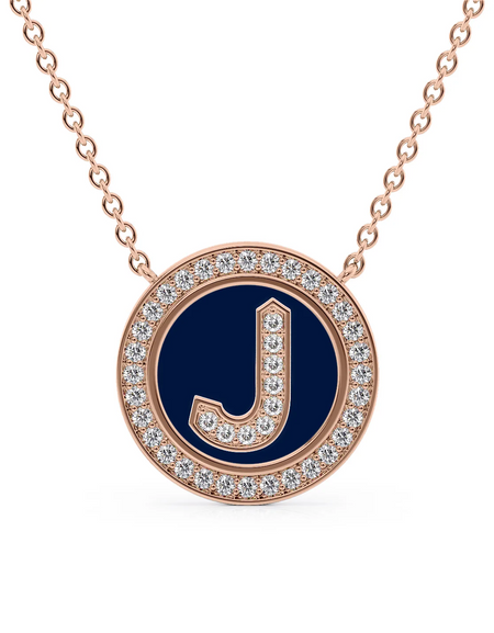 14K Rose Gold Blue J Initial Diamond Disk Pendant