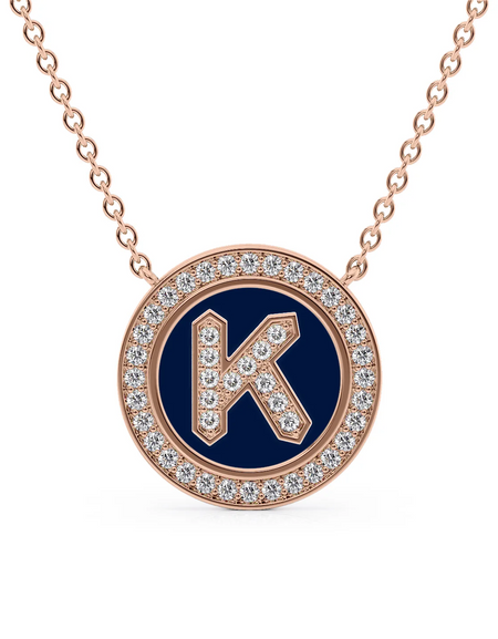 14K Rose Gold Blue K Initial Diamond Disk Pendant