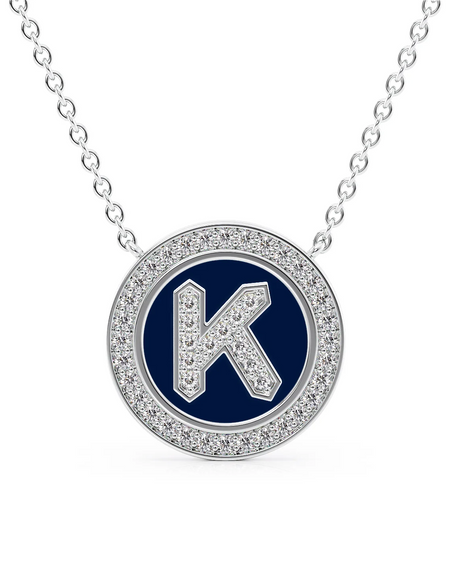 14K White Gold Blue K Initial Diamond Disk Pendant