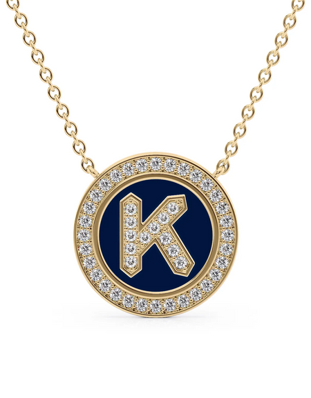 14K Yellow Gold Blue K Initial Diamond Disk Pendant
