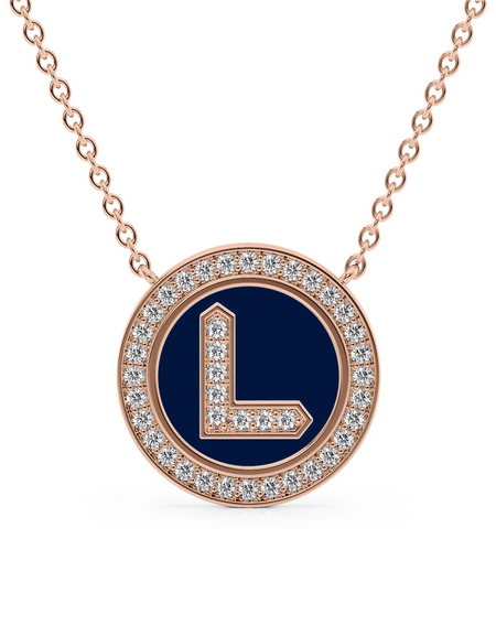 14K Rose Gold Blue L Initial Diamond Disk Pendant