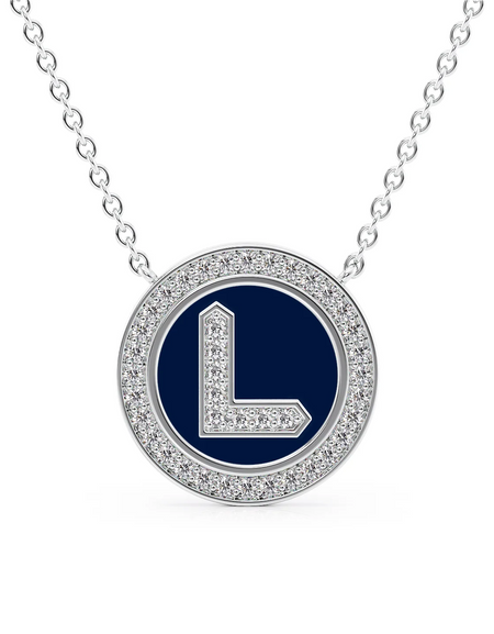 14K White Gold Blue L Initial Diamond Disk Pendant