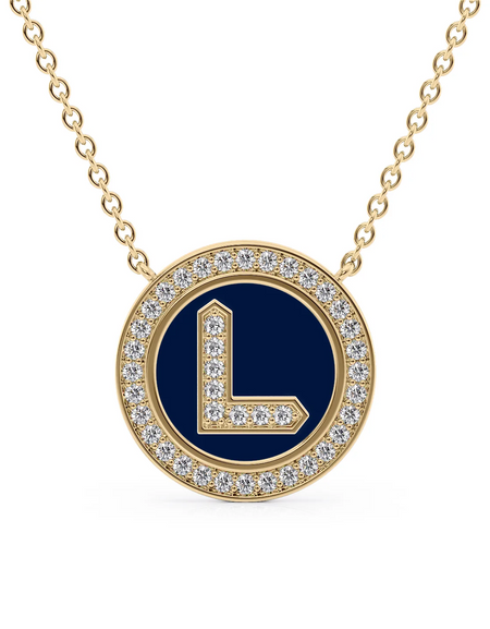 14K Yellow Gold Blue L Initial Diamond Disk Pendant