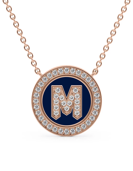 14K Rose Gold Blue M Initial Diamond Disk Pendant