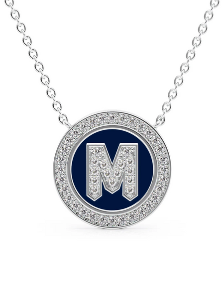 14K White Gold Blue M Initial Diamond Disk Pendant