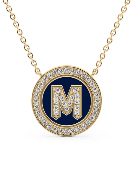 14K Yellow Gold Blue M Initial Diamond Disk Pendant