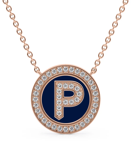 14K Rose Gold Blue P Initial Diamond Disk Pendant