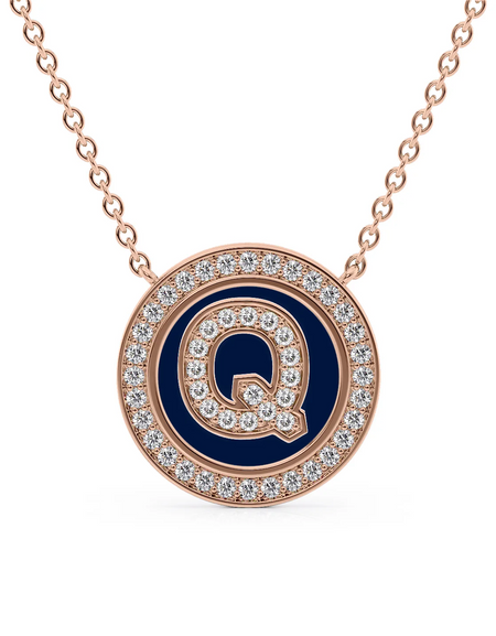 14K Rose Gold Blue Q Initial Diamond Disk Pendant