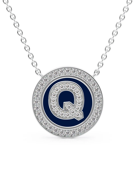 14K White Gold Blue Q Initial Diamond Disk Pendant