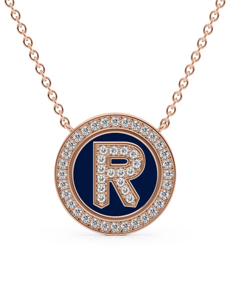 14K Rose Gold Blue R Initial Diamond Disk Pendant