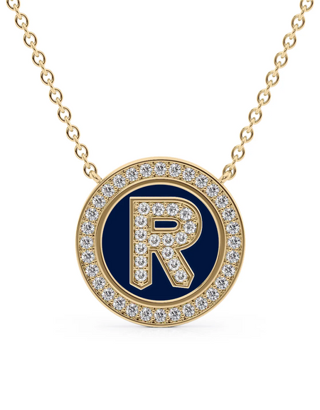 14K Yellow Gold Blue R Initial Diamond Disk Pendant