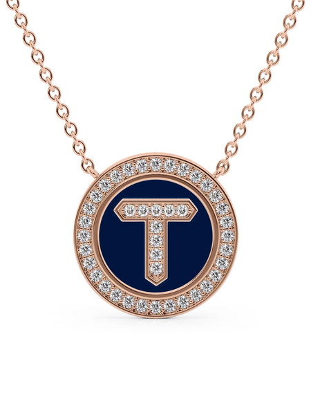 14K Rose Gold Blue T Initial Diamond Disk Pendant