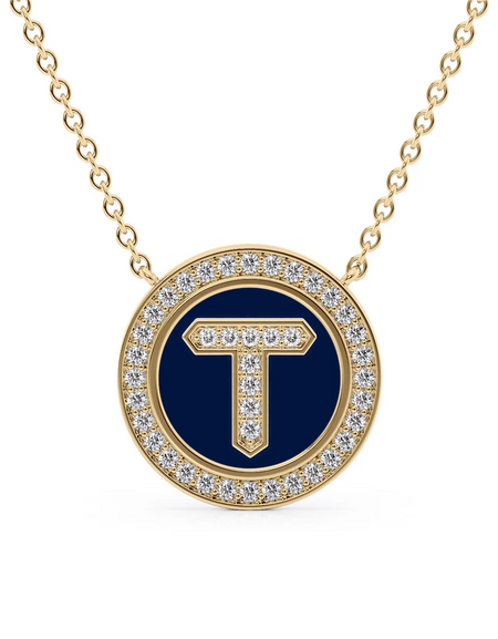 14K Yellow Gold Blue T Initial Diamond Disk Pendant