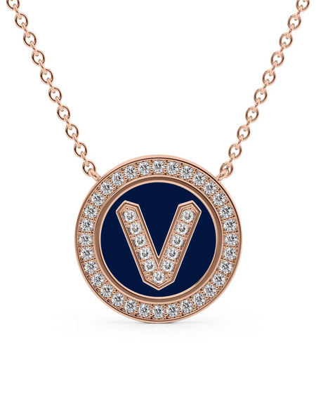 14K Rose Gold Blue V Initial Diamond Disk Pendant