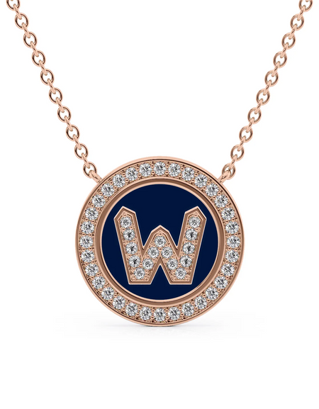 14K Rose Gold Blue W Initial Diamond Disk Pendant