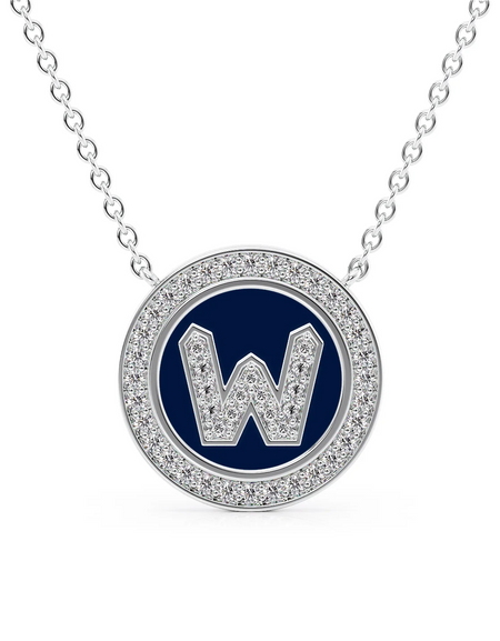 14K White Gold Blue W Initial Diamond Disk Pendant