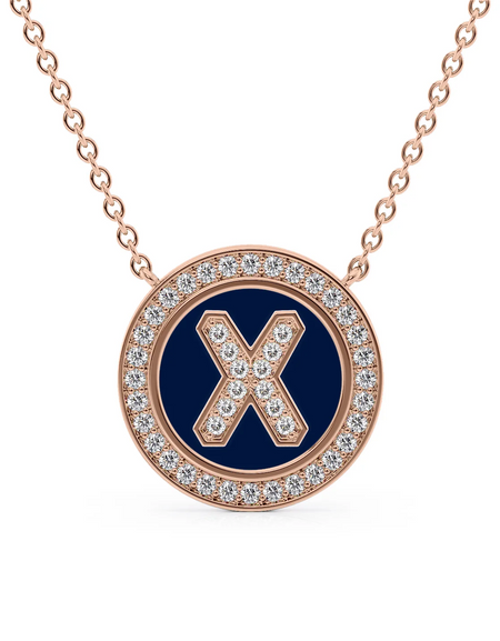 14K Rose Gold Blue X Initial Diamond Disk Pendant
