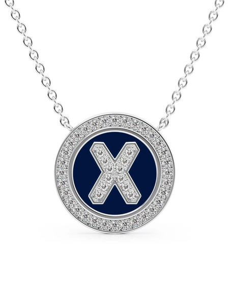 14K White Gold Blue X Initial Diamond Disk Pendant