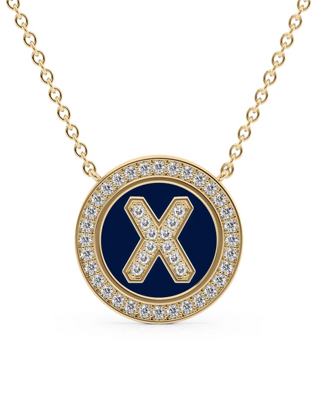 14K Yellow Gold Blue X Initial Diamond Disk Pendant