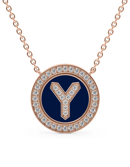 14K Rose Gold Blue Y Initial Diamond Disk Pendant